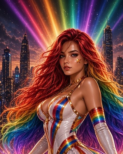 Bright Light, a red-haired woman with rainbow light beams behind her