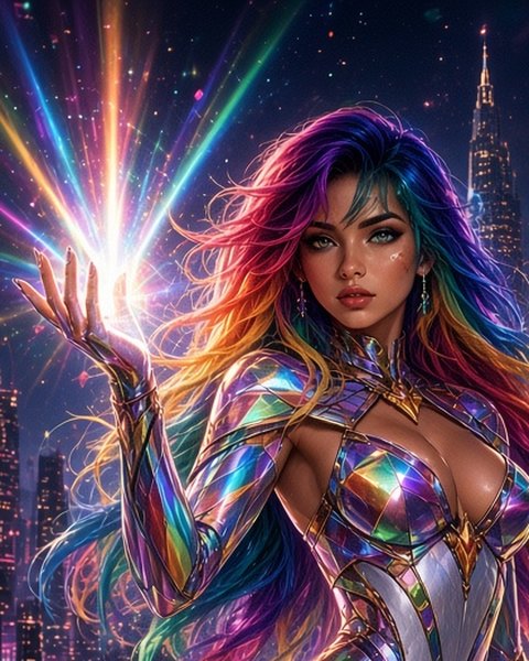 Prism, a woman with rainbow hair in an iridescent suit refracting light